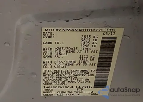 2011 Nissan Frontier Sv z USA, uszkodzony, nr VIN 1N6AD0EV2BC434786